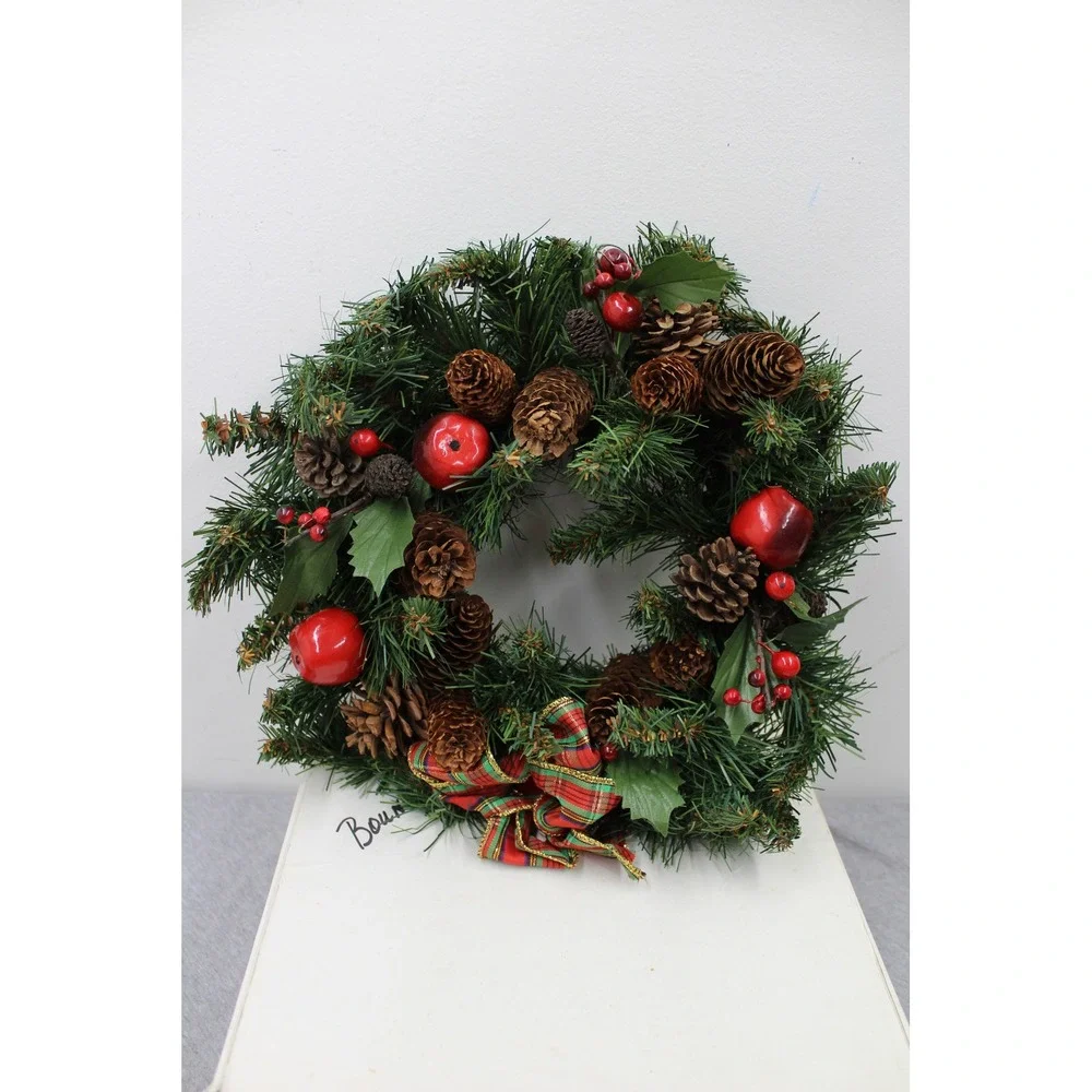 PartyLite Wreath 6in Green Bountiful Evergreen Ring P0036 Pinecones Apples Bow